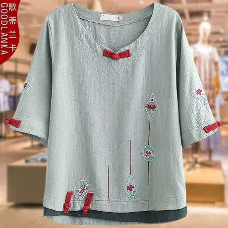 中老年妈妈装夏季棉麻短袖上衣加肥加大码女装绣花民族风绣花T恤商品大图