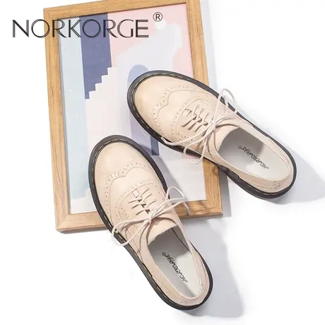 2023新款春复古白色布洛克系带单鞋女真皮圆头防滑JK乐福鞋平底鞋图片