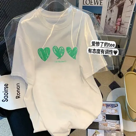 短袖t恤女白色爱心印花韩版大码减龄百搭中长款夏装基础款上衣潮商品大图