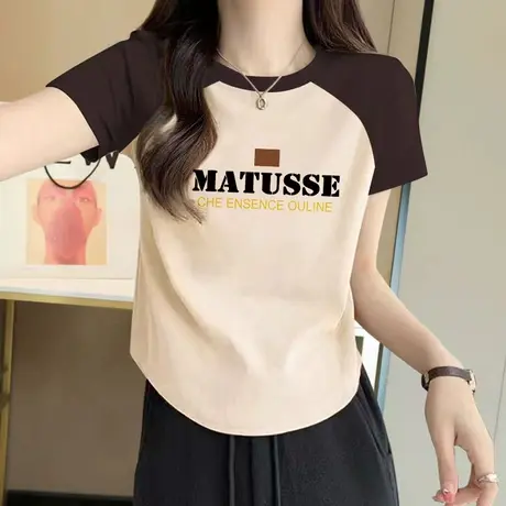 夏季字母印花撞色短袖t恤女欧货2023新款设计感小众圆领打底上衣商品大图