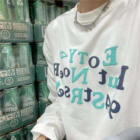 红续春秋新款凹凸发泡字母薄款长袖卫衣t恤女上衣ins潮宽松百搭图片