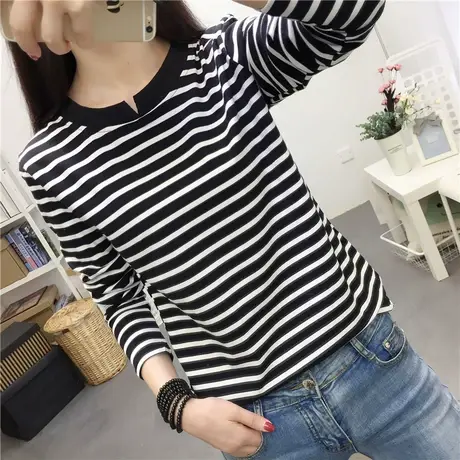 2023新款条纹上衣服韩版秋衣外穿宽松打底衫女内搭长袖T恤女装潮商品大图