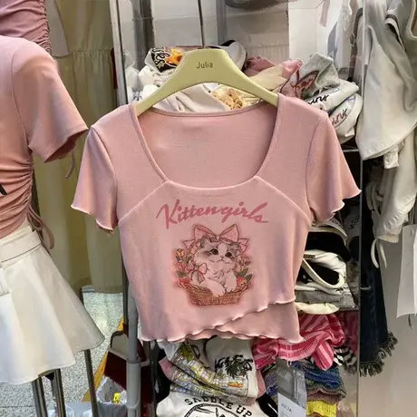 可爱动物印花T恤女2023夏新款方领设计感收腰短款小清新体恤学生图片