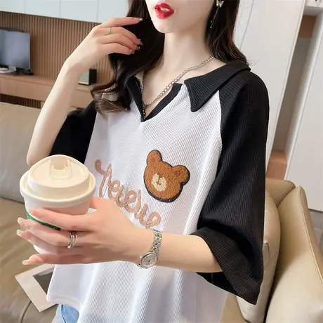 小众设计感短袖t恤女夏季韩版宽松小个子短款撞色翻领半袖上衣服图片