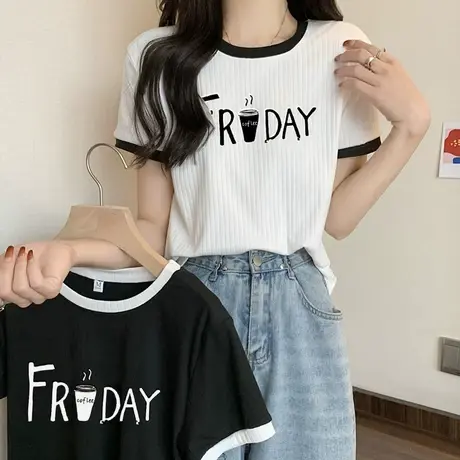 盐系撞色短袖T恤女夏季2023新款宽松学生百搭小个子短款半袖上衣图片