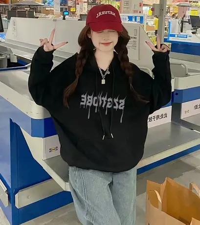 秋冬加绒加厚连帽字母卫衣女美式潮牌小众oversize宽松慵懒风外套图片