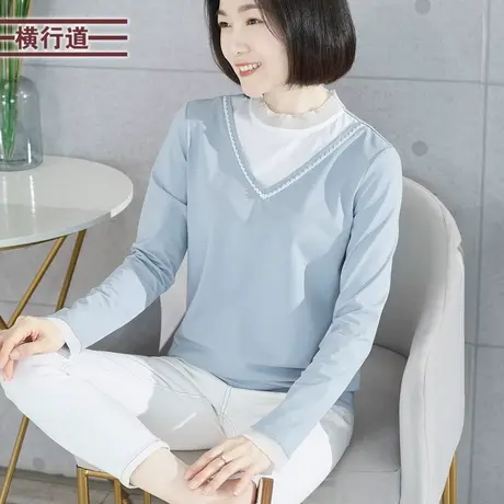 2023冬装新款大码半高领打底衫宽松妈妈长袖T恤女装韩版撞色上衣图片