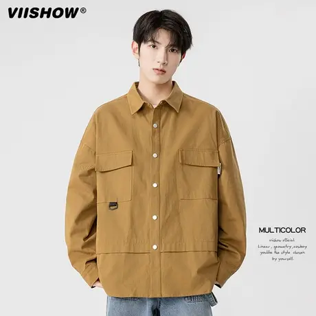 VIISHOW日系复古纯色长袖衬衫男潮牌街头bf宽松口袋休闲百搭衬衣商品大图