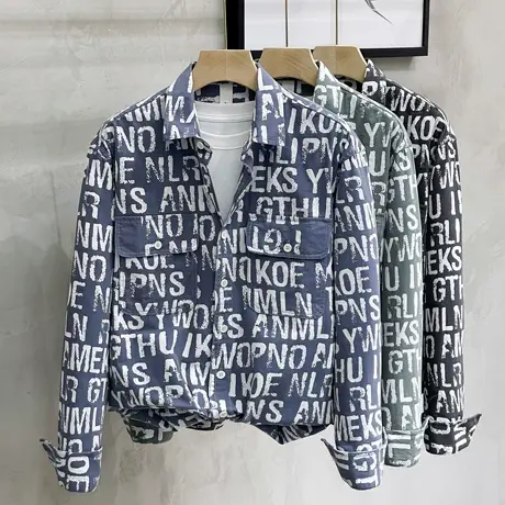 字母印花工装衬衫男士个性痞帅日系复古长袖衬衣秋季纯棉翻领外套商品大图