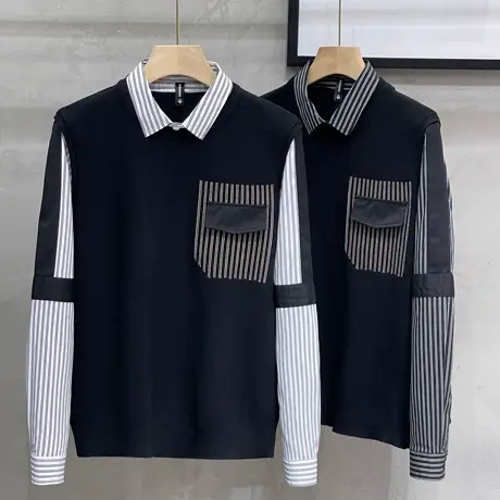 假两件毛衣男士潮流条纹衬衫领打底口袋设计针织衫春秋季男装线衣商品大图