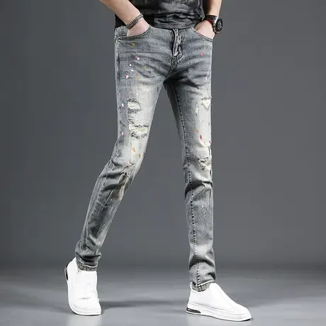 2023新款潮牌破洞牛仔裤男修身小脚裤烂洞补丁泼墨男士裤子复古蓝商品大图