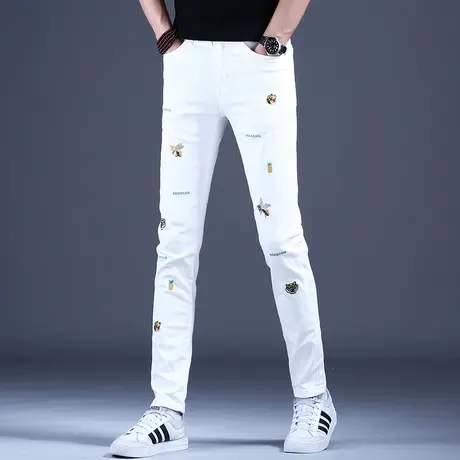 夏天高档白色刺绣牛仔裤男款修身小脚裤子男秋款弹力潮牌潮流男裤商品大图
