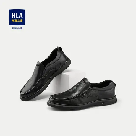 HLA/海澜之家头层牛皮休闲鞋2024新款经典圆头纯色光泽透气鞋子男商品大图