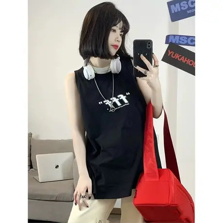 美式复古纯棉吊带运动坎肩背心无袖t恤女夏外穿宽松港风挂脖上衣商品大图