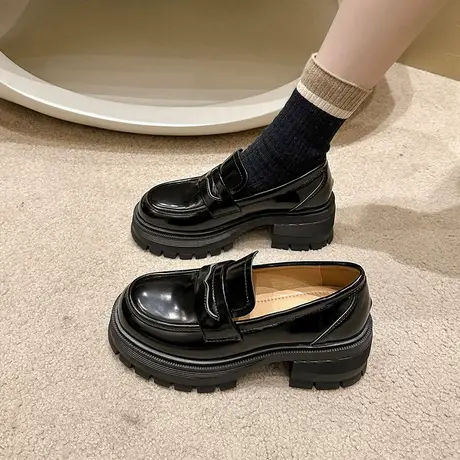 永希乐福鞋女2024春秋季新款高级英伦风一脚蹬单鞋粗跟高跟小皮鞋图片