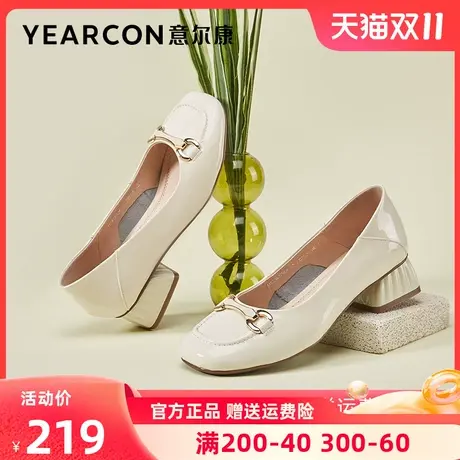 意尔康女鞋春季粗跟中跟浅口单鞋方头漆皮小皮鞋女工作鞋法式气质商品大图