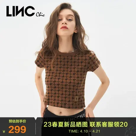 LINC金羽杰2023夏秋季新款圆领截短箱型老花T恤女S232FK248Y商品大图