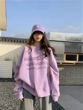 韩版大码胖mm宽松显瘦卫衣女春秋季设计感复古遮肚子上衣2-300斤商品大图