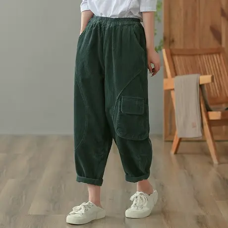 dza 高腰显瘦纯棉灯芯绒裤子女春秋新款宽松阔腿裤休闲直筒哈伦裤图片