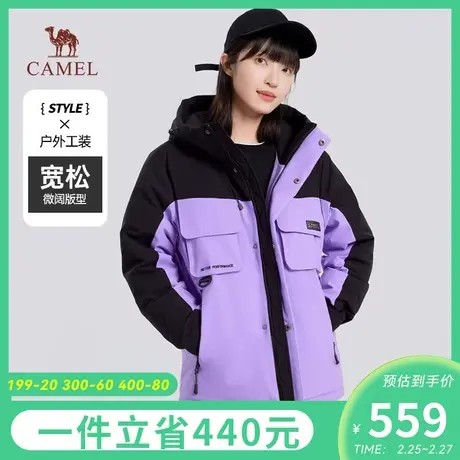 骆驼女装2023秋冬新款羽绒服女款工装连帽保暖轻薄黑色休闲外套女商品大图