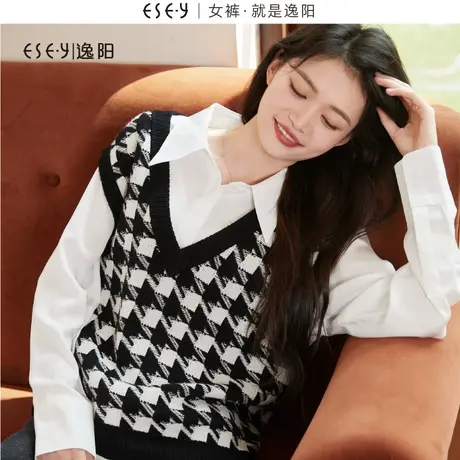 逸阳复古千鸟格v领羊毛针织马甲女2023秋冬新款宽松休闲上衣3474图片