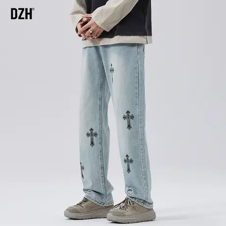 男士浅色印花牛仔裤男宽松直筒2023年新款秋季裤子男款窄版阔腿裤商品大图