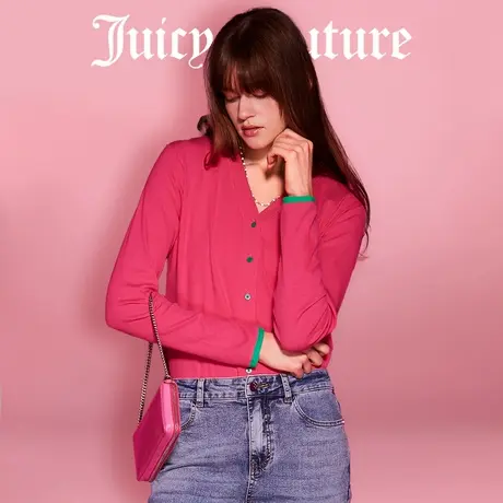 Juicy Couture橘滋针织衫女2025年春新款修身V领玫红开衫上衣商品大图