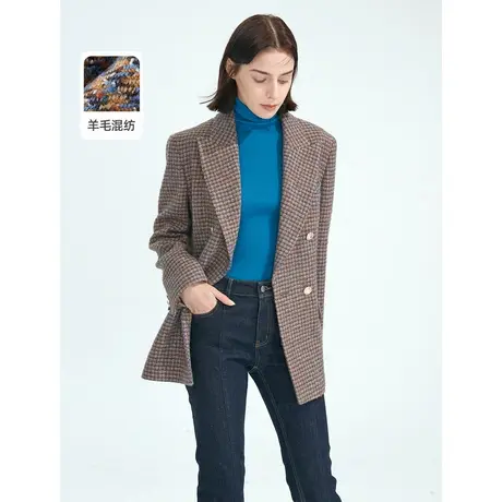 朗姿羊毛法式复古格子撞色秋冬季新款休闲西装外套女职业高级感图片