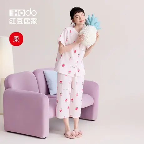 红豆【双层纱】A类纯棉睡衣女士短袖中裤纱布透气家居服套装夏款图片