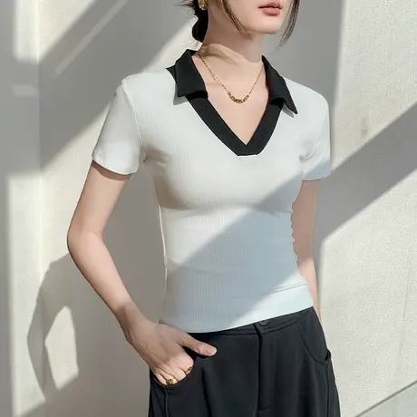 撞色POLO衫女2025夏季短袖T恤V领设计感小众修身正肩百搭别致上衣商品大图