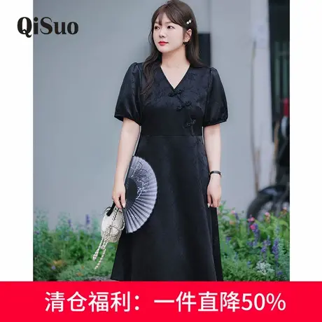 显瘦胖MM夏季新中式大码连衣裙2024新款气质国风收腰A字小黑裙长图片