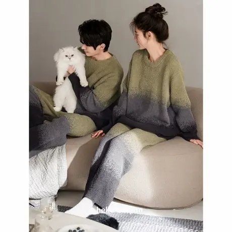 贝妍珊瑚绒情侣睡衣秋冬款女时尚渐变色家居服保暖半边绒男士套装商品大图