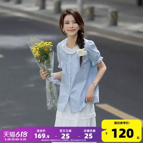 唐狮清新蓝色衬衫女短袖2025夏季新款衬衣女甜美气质女士上衣dmn图片