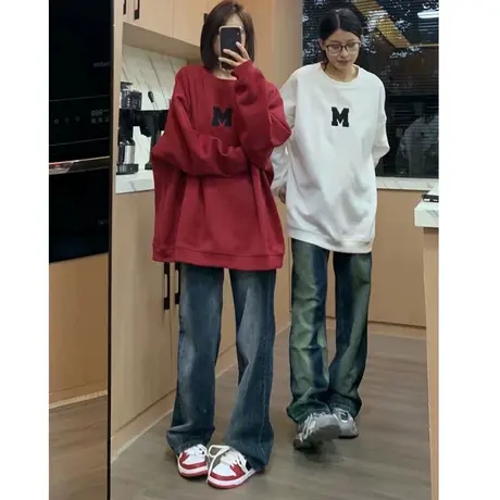 vintage卫衣女港风宽松大码加绒ins潮牌韩版秋冬新款情侣加厚上衣商品大图