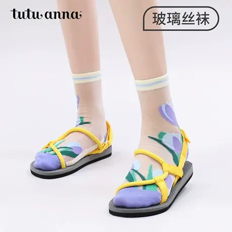 tutuanna芭蕾风玻璃丝袜女夏季洞洞鞋中筒袜刺绣透明水晶凉鞋袜商品大图