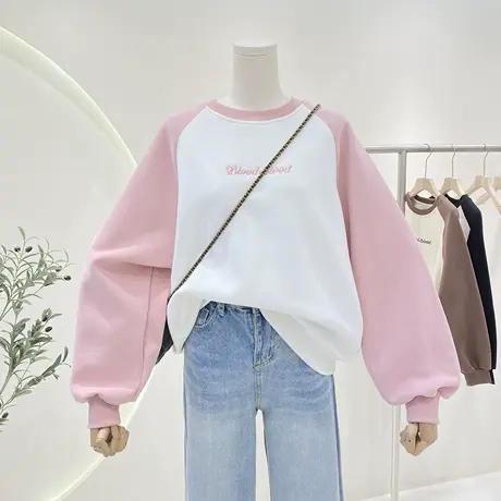 美式复古拼色卫衣女2023年春季新款时尚字母刺绣插肩袖撞色上衣潮商品大图