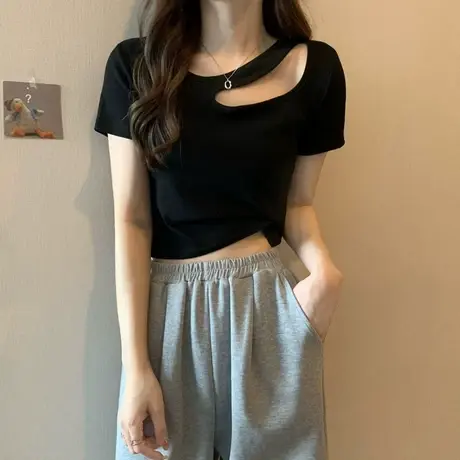 2023夏季设计感小众纯欲风辣妹性感镂空短袖t恤女不规则短款上衣商品大图