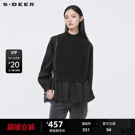 sdeer圣迪奥女装休闲半高领拼接抽褶假两件针织衫S22183508图片