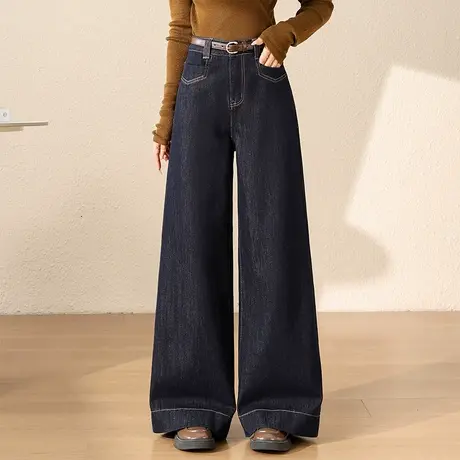 拉夏贝尔高腰丹宁蓝直筒牛仔裤女2025秋季新款高腰阔腿裤休闲裤商品大图