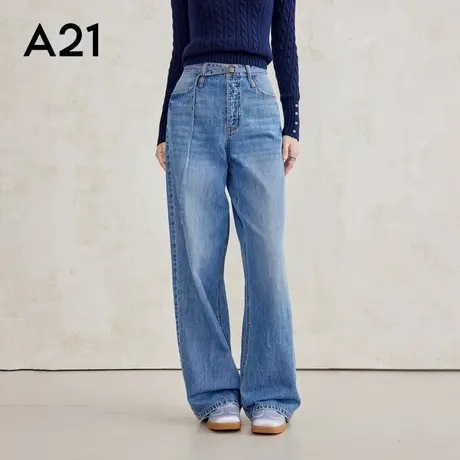 A21女装无弹高腰阔腿长牛仔裤长裤2025新款时尚直筒宽松休闲裤子商品大图
