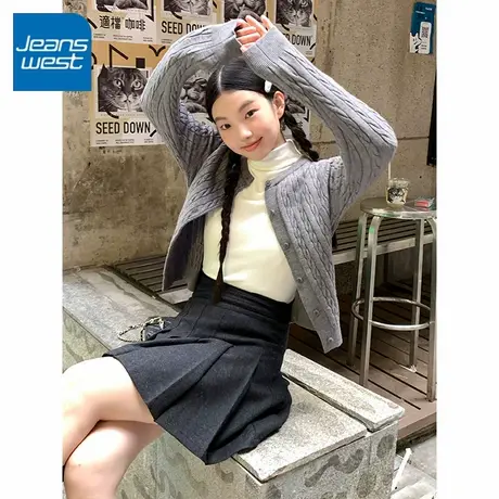 KV真维斯灰色绞花开衫女2025新款时尚百搭设计感外搭短款毛衫外套图片