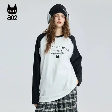 a02黑猫系列宽松圆领插肩袖长袖T恤女2025新款秋季通勤穿搭打底衫图片