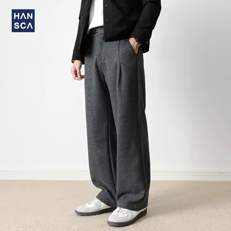 hansca370g绵羊毛宽松阔腿休闲裤男春秋季直筒压褶拼接松弛感长裤商品大图
