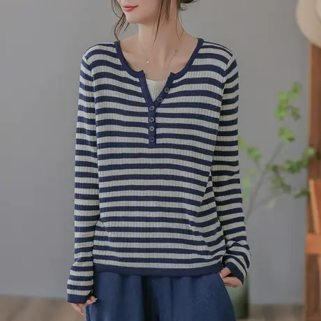 dza 复古棉线条纹针织衫女士休闲V领打底衫春秋内搭上衣宽松毛衣商品大图