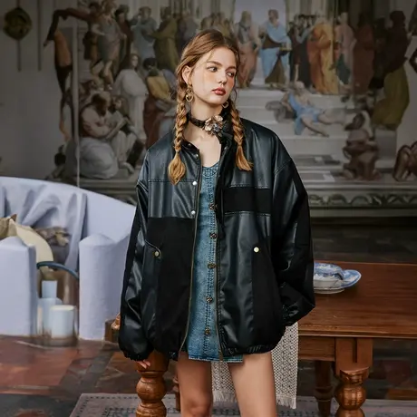 美式复古拼接棒球服棉服女冬季夹棉PU皮外套2023新款潮牌宽松棉衣商品大图