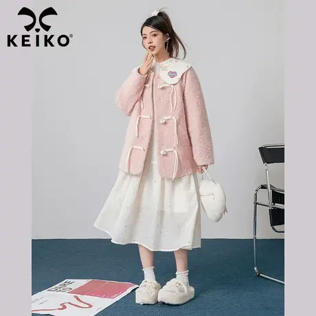 KEIKO 少女感玫瑰粉娃娃领毛呢外套女2023秋冬高级感长绒呢大衣商品大图