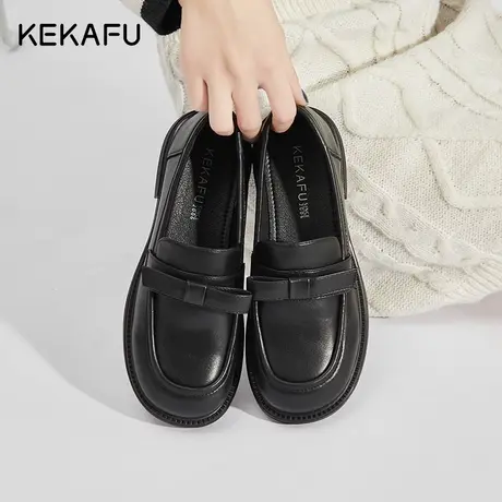 珂卡芙黑色真皮乐福鞋女2023新款通勤女鞋蝴蝶结小皮鞋平底单鞋子商品大图