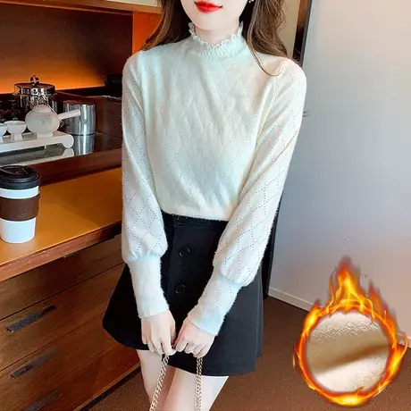 加绒加厚打底衫女2023冬季新款半高领蕾丝衫女法式高级感洋气小衫商品大图