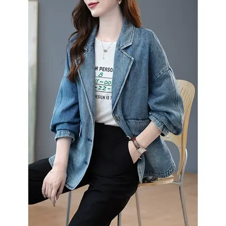 宝诗黎西装领中长宽松牛仔外套早秋流行上衣2023秋季新款复古百搭商品大图