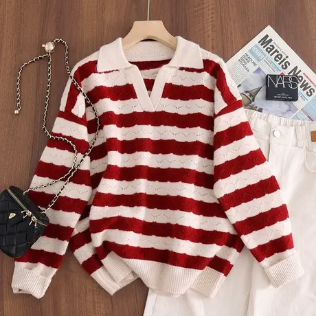 2023秋冬新款韩版宽松条纹小方领长袖针织衫女士百搭上衣毛衣打底图片